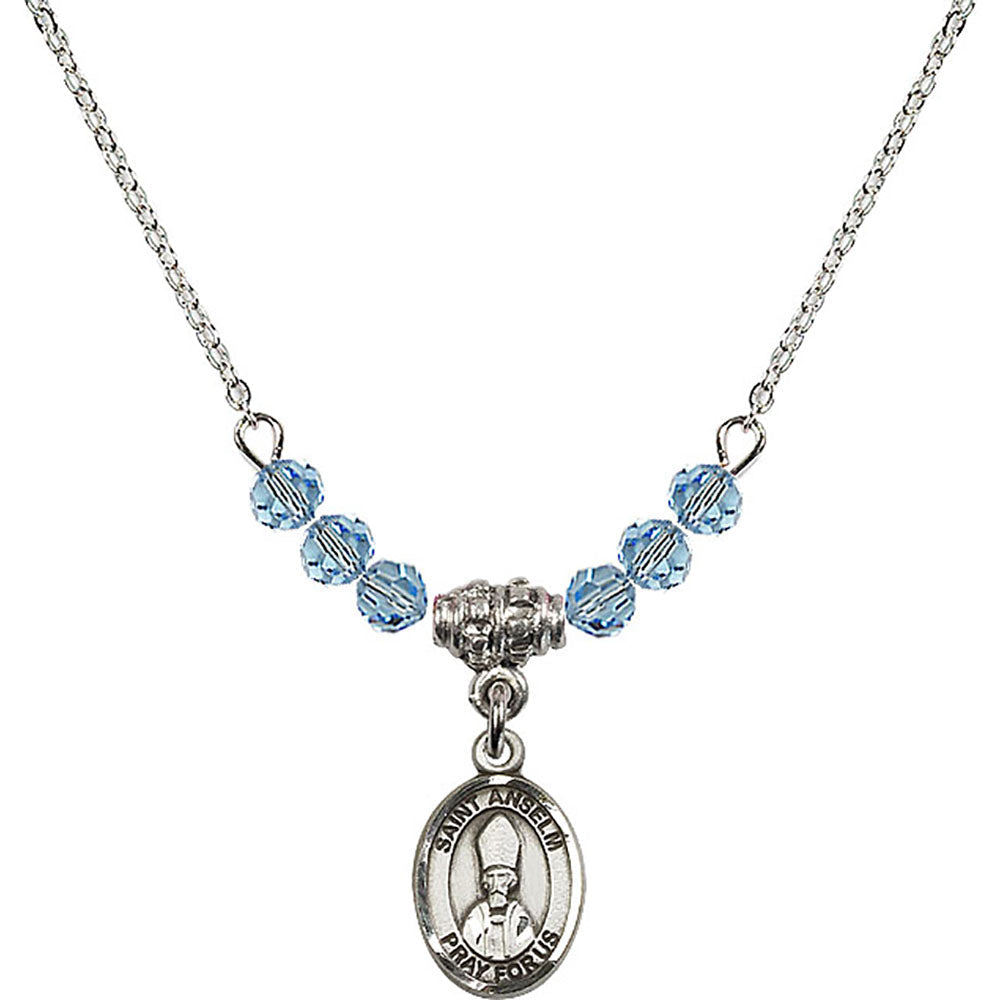 Sterling Silver Saint Anselm of Canterbury Birthstone Necklace with Aqua Beads - 9342