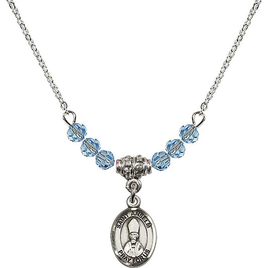 Sterling Silver Saint Anselm of Canterbury Birthstone Necklace with Aqua Beads - 9342