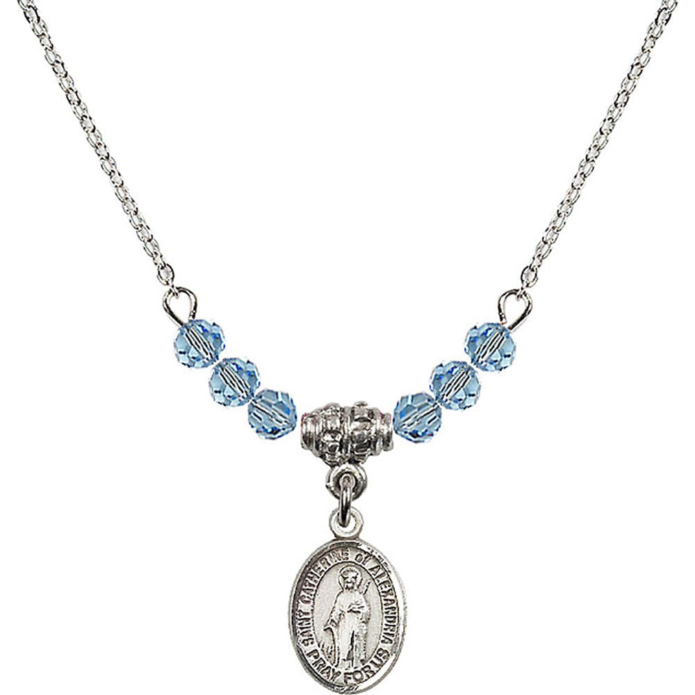 Sterling Silver Saint Catherine of Alexandria Birthstone Necklace with Aqua Beads - 9343