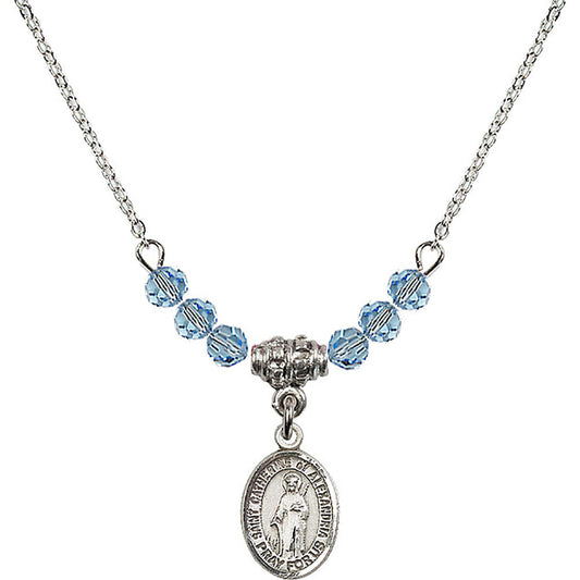 Sterling Silver Saint Catherine of Alexandria Birthstone Necklace with Aqua Beads - 9343