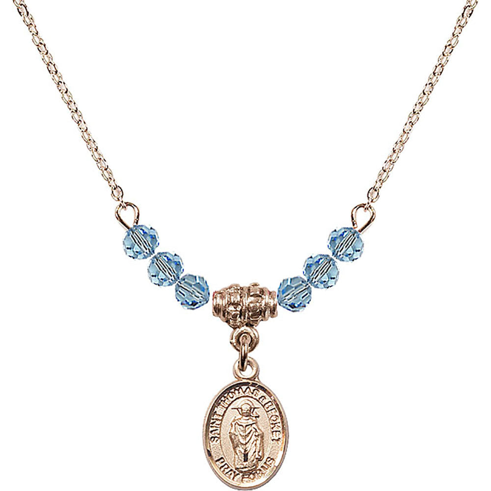 14kt Gold Filled Saint Thomas A Becket Birthstone Necklace with Aqua Beads - 9344