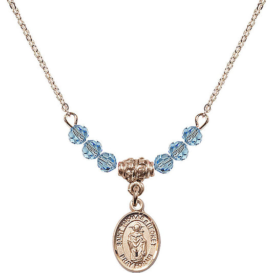 14kt Gold Filled Saint Thomas A Becket Birthstone Necklace with Aqua Beads - 9344