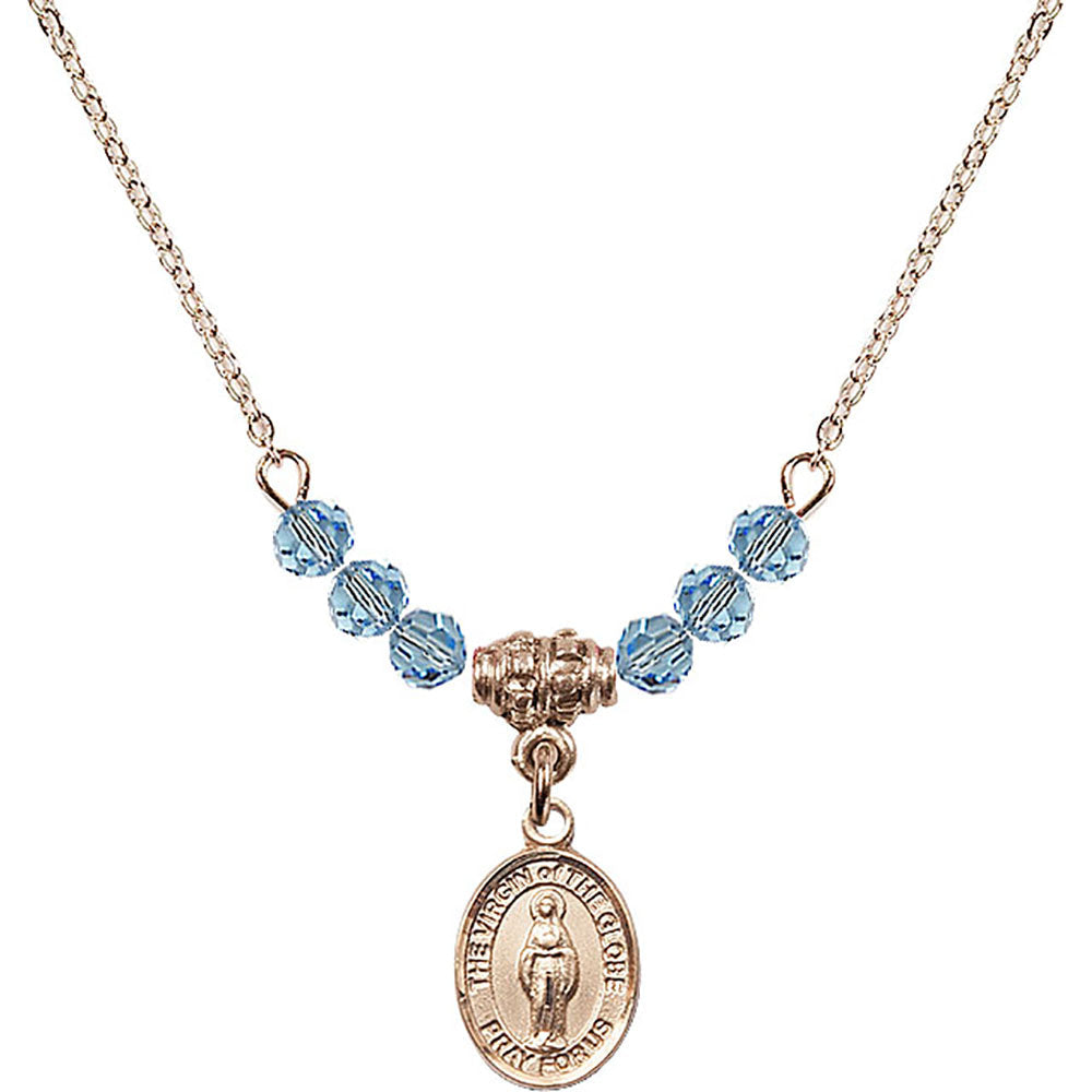 14kt Gold Filled Virgin of the Globe Birthstone Necklace with Aqua Beads - 9345