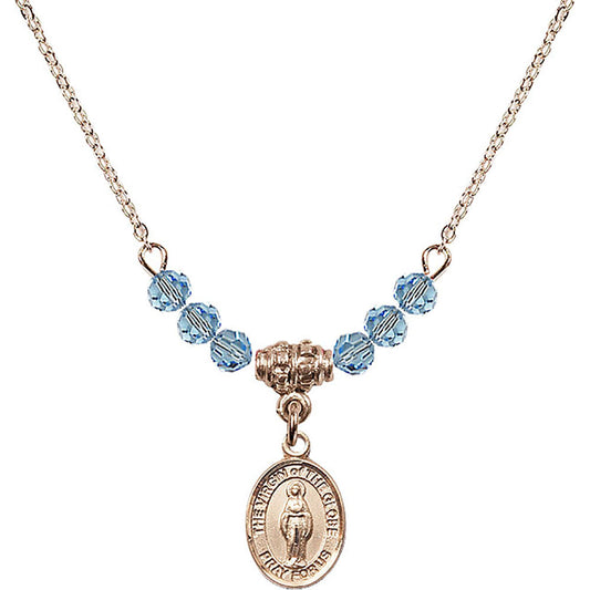 14kt Gold Filled Virgin of the Globe Birthstone Necklace with Aqua Beads - 9345