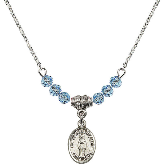 Sterling Silver Virgin of the Globe Birthstone Necklace with Aqua Beads - 9345