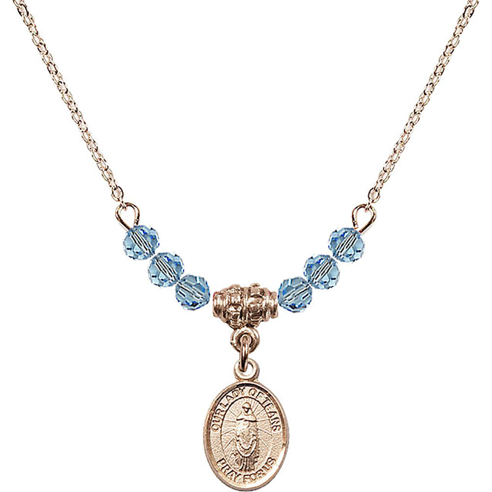 14kt Gold Filled Our Lady of Tears Birthstone Necklace with Aqua Beads - 9346