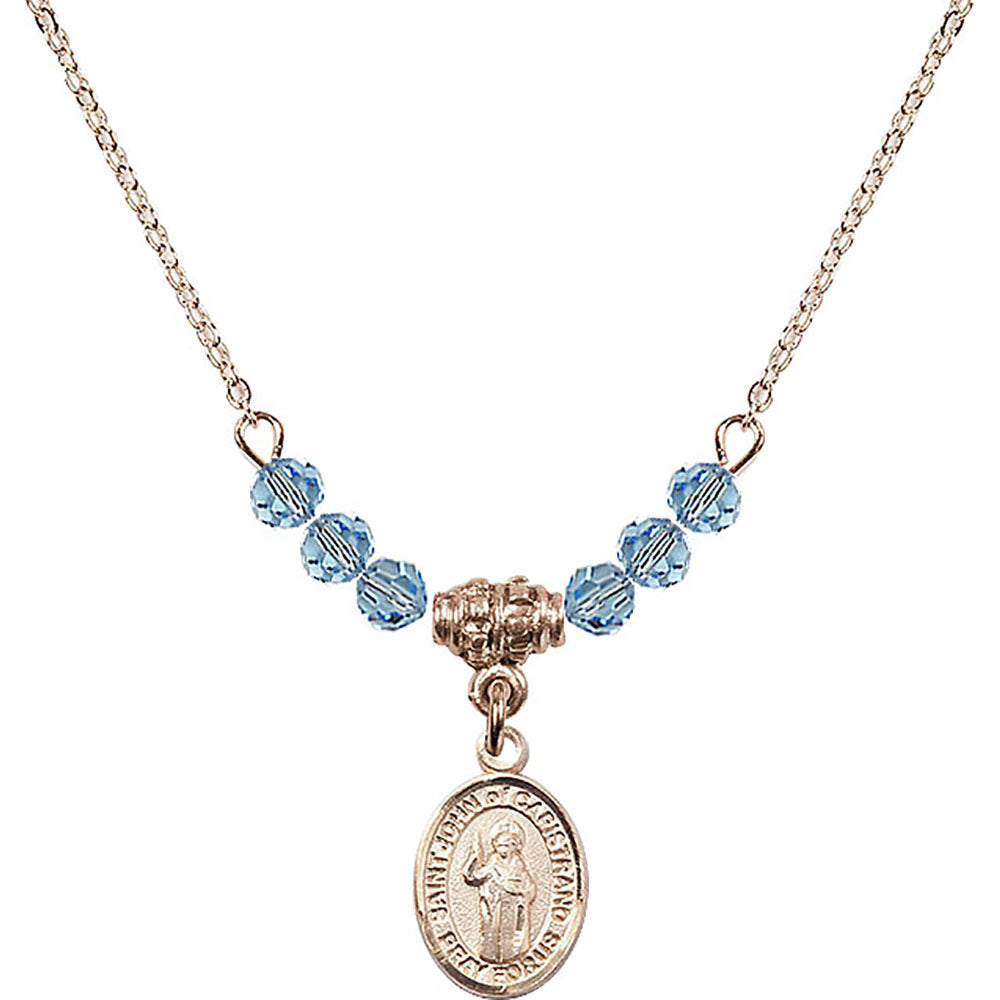 14kt Gold Filled Saint John of Capistrano Birthstone Necklace with Aqua Beads - 9350