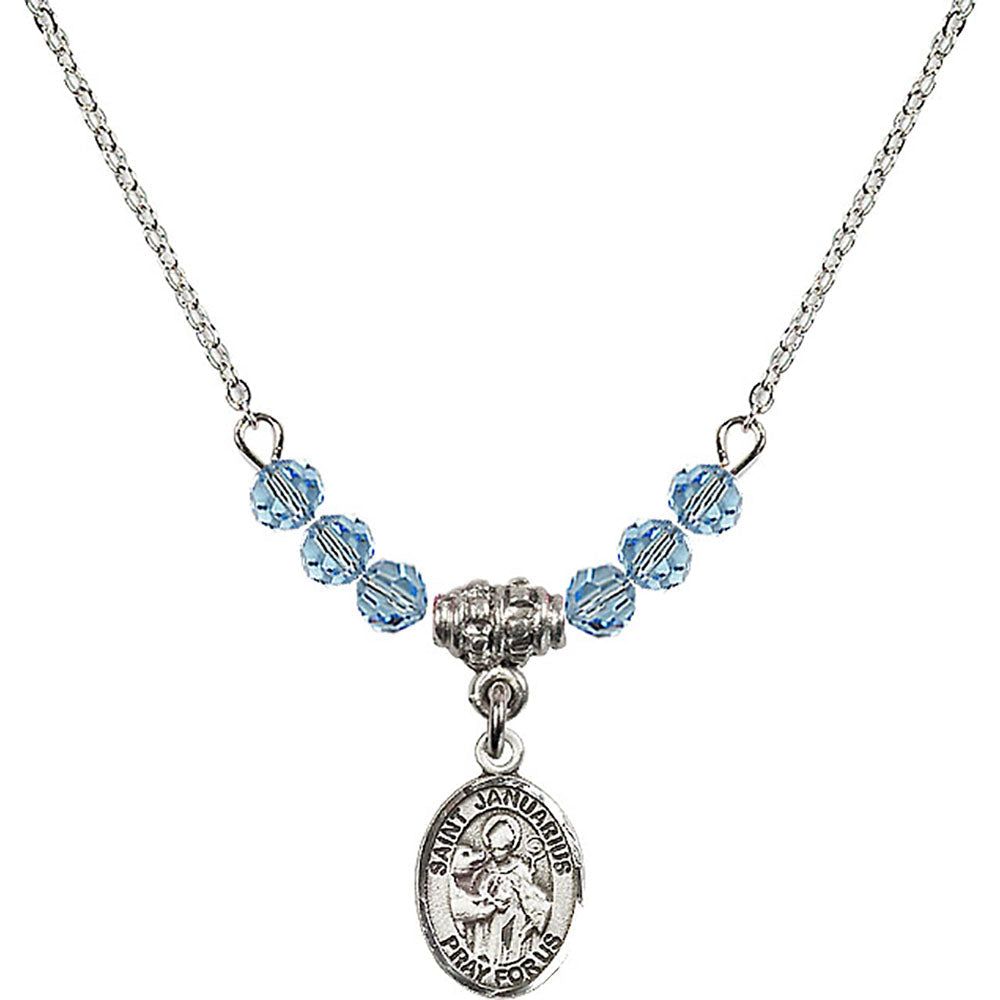 Sterling Silver Saint Januarius Birthstone Necklace with Aqua Beads - 9351