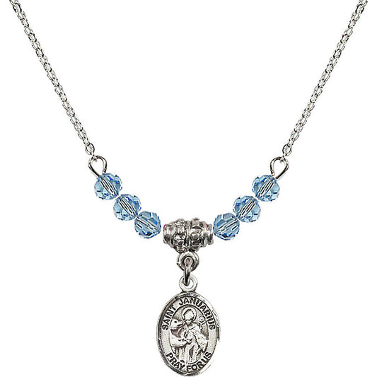 Sterling Silver Saint Januarius Birthstone Necklace with Aqua Beads - 9351