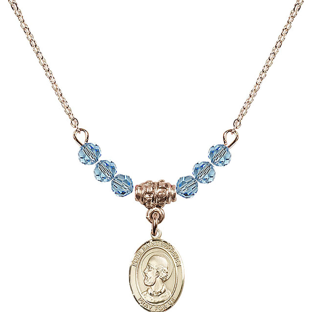 14kt Gold Filled Pope Saint Eugene I Birthstone Necklace with Aqua Beads - 9352