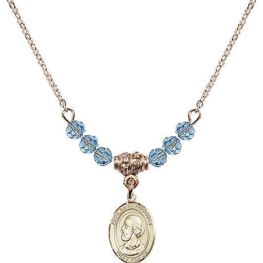 14kt Gold Filled Pope Saint Eugene I Birthstone Necklace with Aqua Beads - 9352