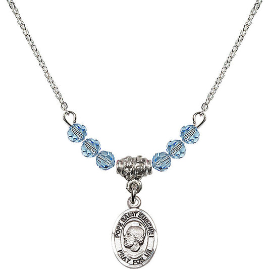 Sterling Silver Pope Saint Eugene I Birthstone Necklace with Aqua Beads - 9352