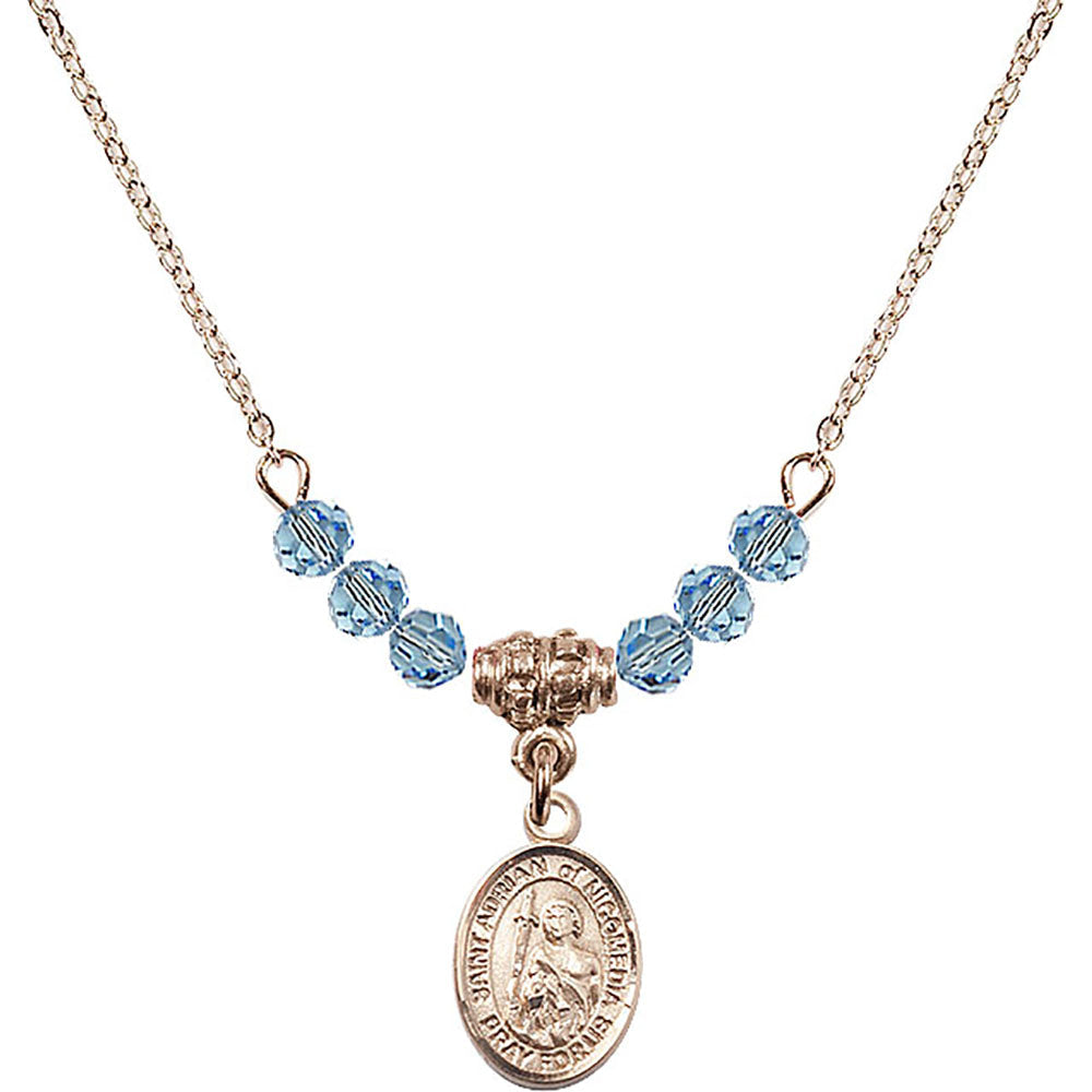 14kt Gold Filled Saint Adrian of Nicomedia Birthstone Necklace with Aqua Beads - 9353