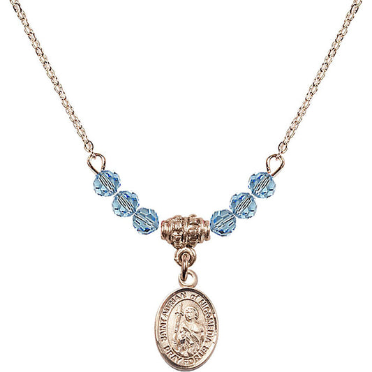 14kt Gold Filled Saint Adrian of Nicomedia Birthstone Necklace with Aqua Beads - 9353