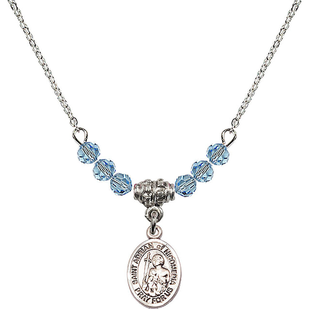 Sterling Silver Saint Adrian of Nicomedia Birthstone Necklace with Aqua Beads - 9353
