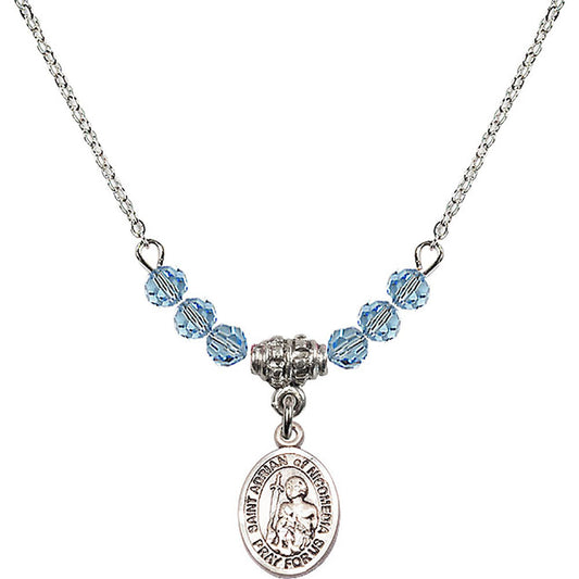 Sterling Silver Saint Adrian of Nicomedia Birthstone Necklace with Aqua Beads - 9353
