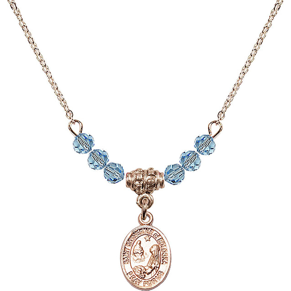 14kt Gold Filled Saint Catherine of Bologna Birthstone Necklace with Aqua Beads - 9354