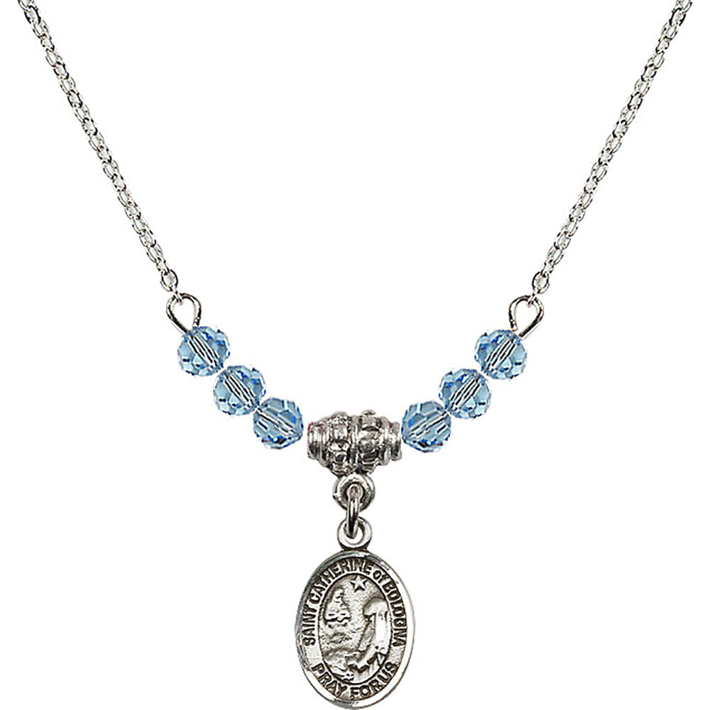 Sterling Silver Saint Catherine of Bologna Birthstone Necklace with Aqua Beads - 9354