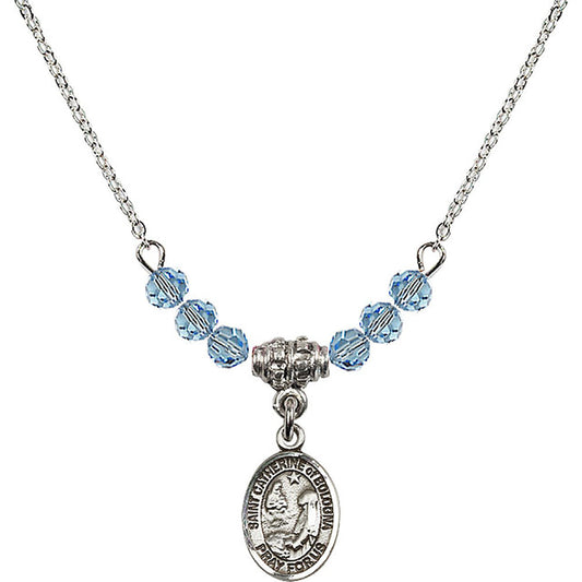 Sterling Silver Saint Catherine of Bologna Birthstone Necklace with Aqua Beads - 9354