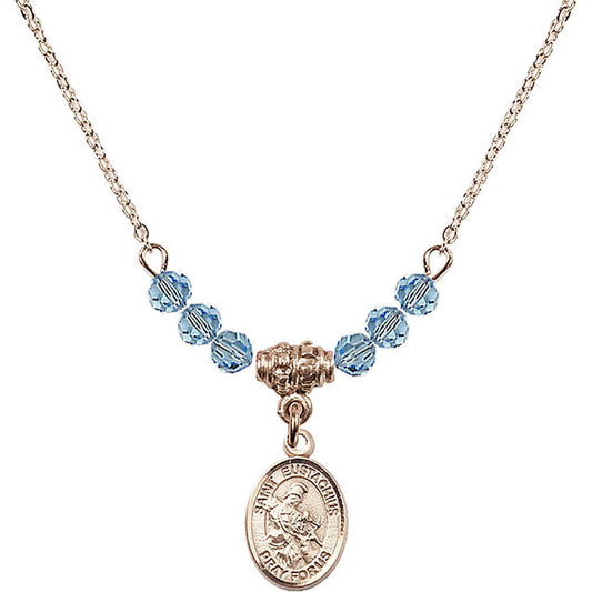 14kt Gold Filled Saint Eustachius Birthstone Necklace with Aqua Beads - 9356