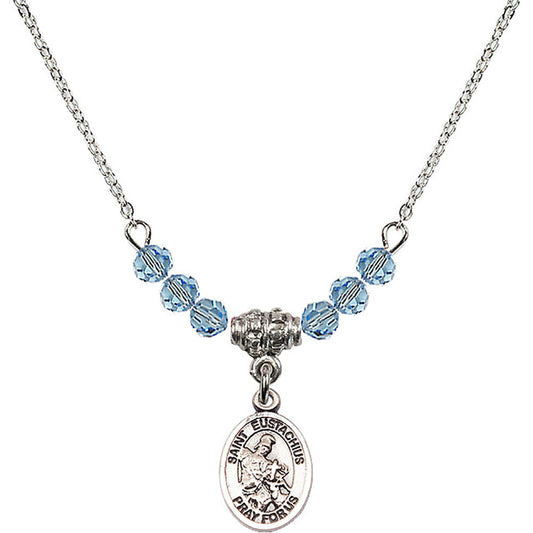 Sterling Silver Saint Eustachius Birthstone Necklace with Aqua Beads - 9356