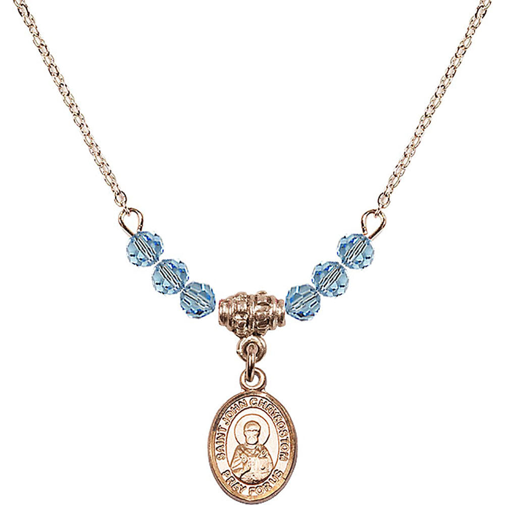 14kt Gold Filled Saint John Chrysostom Birthstone Necklace with Aqua Beads - 9357