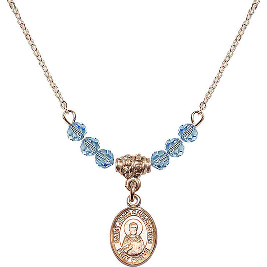 14kt Gold Filled Saint John Chrysostom Birthstone Necklace with Aqua Beads - 9357
