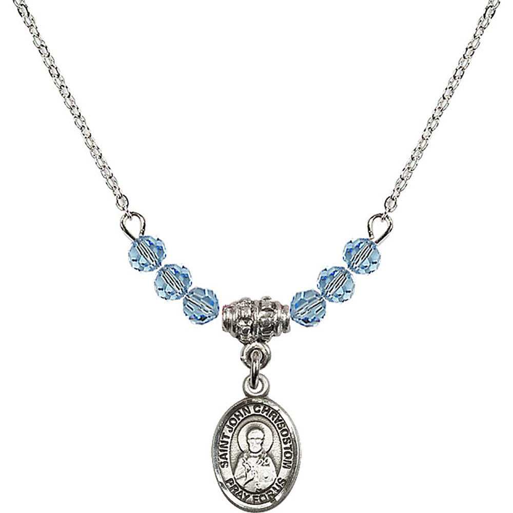 Sterling Silver Saint John Chrysostom Birthstone Necklace with Aqua Beads - 9357