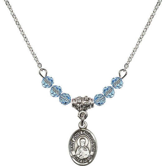 Sterling Silver Saint John Chrysostom Birthstone Necklace with Aqua Beads - 9357