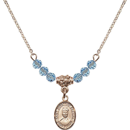 14kt Gold Filled Saint Josephine Bakhita Birthstone Necklace with Aqua Beads - 9360