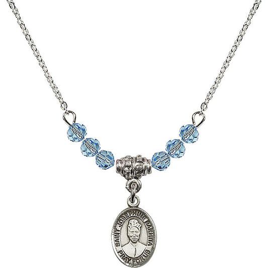 Sterling Silver Saint Josephine Bakhita Birthstone Necklace with Aqua Beads - 9360