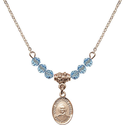 14kt Gold Filled Saint Josemaria Escriva Birthstone Necklace with Aqua Beads - 9362