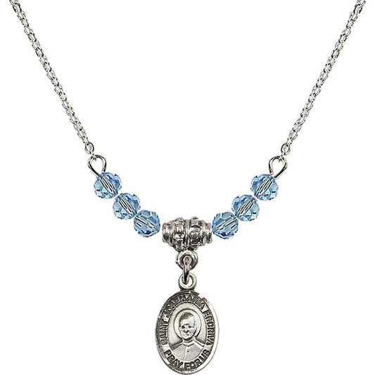 Sterling Silver Saint Josemaria Escriva Birthstone Necklace with Aqua Beads - 9362