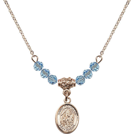 14kt Gold Filled Saint Polycarp of Smyrna Birthstone Necklace with Aqua Beads - 9363