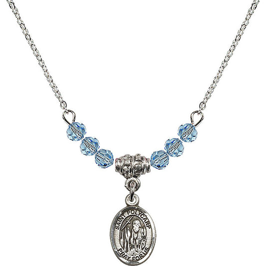 Sterling Silver Saint Polycarp of Smyrna Birthstone Necklace with Aqua Beads - 9363