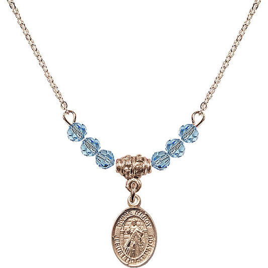 14kt Gold Filled Divine Mercy Birthstone Necklace with Aqua Beads - 9366