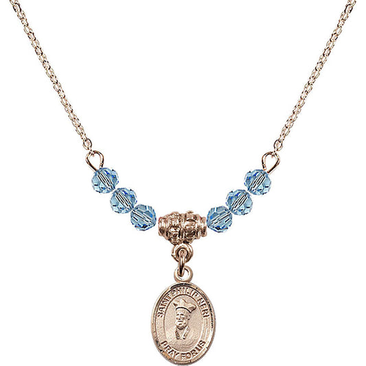 14kt Gold Filled Saint Philip Neri Birthstone Necklace with Aqua Beads - 9369