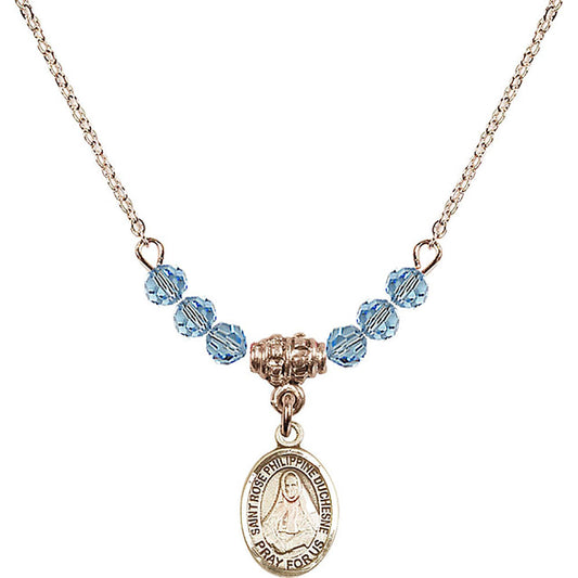 14kt Gold Filled Saint Rose Philippine Duchesne Birthstone Necklace with Aqua Beads - 9371