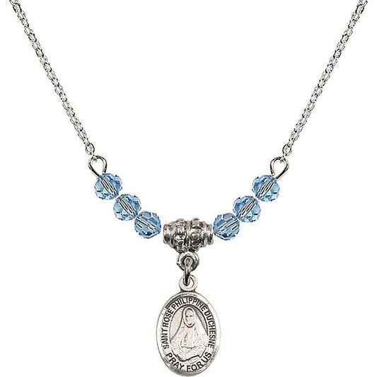 Sterling Silver Saint Rose Philippine Duchesne Birthstone Necklace with Aqua Beads - 9371