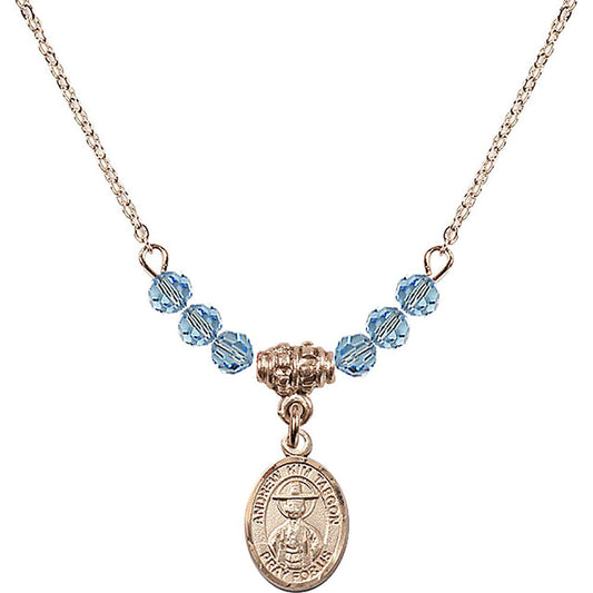 14kt Gold Filled Saint Andrew Kim Taegon Birthstone Necklace with Aqua Beads - 9373