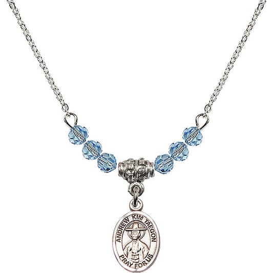 Sterling Silver Saint Andrew Kim Taegon Birthstone Necklace with Aqua Beads - 9373