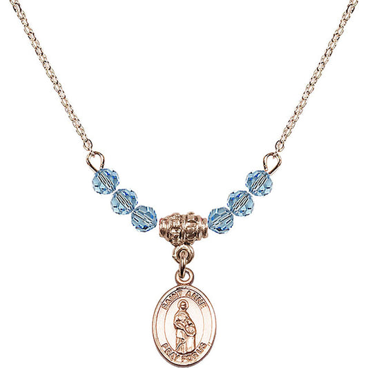 14kt Gold Filled Saint Anne Birthstone Necklace with Aqua Beads - 9374
