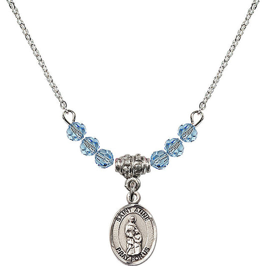 Sterling Silver Saint Anne Birthstone Necklace with Aqua Beads - 9374