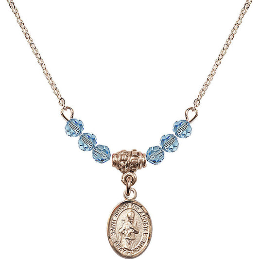 14kt Gold Filled Saint Simon the Apostle Birthstone Necklace with Aqua Beads - 9375