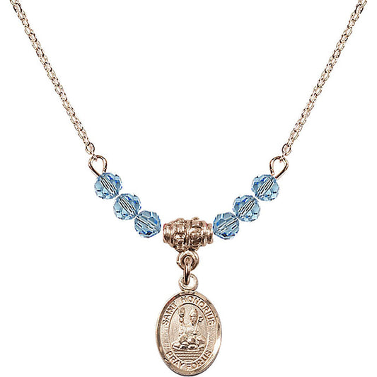 14kt Gold Filled Saint Honorius of Amiens Birthstone Necklace with Aqua Beads - 9376