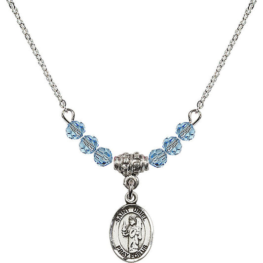 Sterling Silver Saint Uriel the Archangel Birthstone Necklace with Aqua Beads - 9378