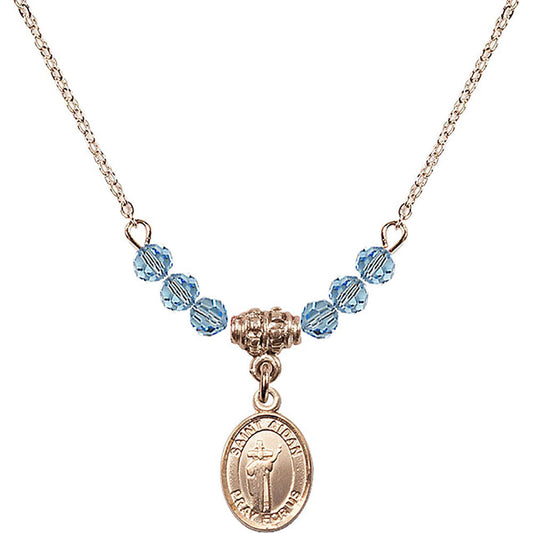 14kt Gold Filled Saint Aidan of Lindesfarne Birthstone Necklace with Aqua Beads - 9381