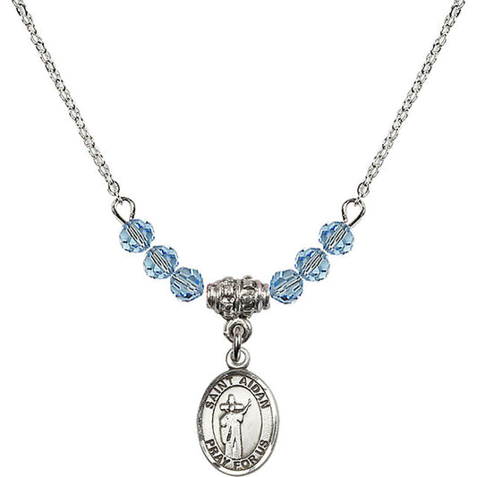 Sterling Silver Saint Aidan of Lindesfarne Birthstone Necklace with Aqua Beads - 9381