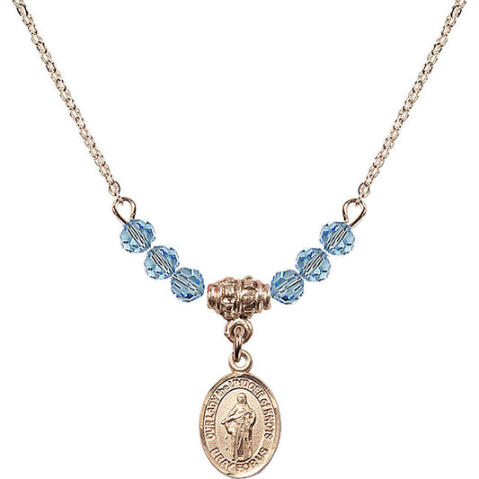 14kt Gold Filled Our Lady the Undoer of Knots Birthstone Necklace with Aqua Beads - 9383