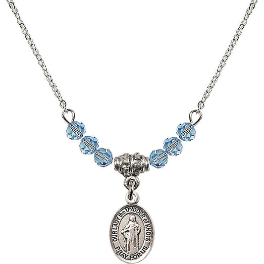 Sterling Silver Our Lady the Undoer of Knots Birthstone Necklace with Aqua Beads - 9383